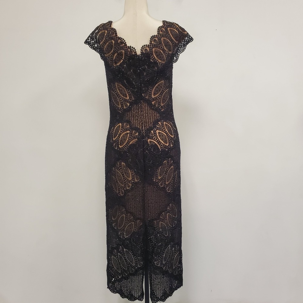 Jovani Womens Black Beaded Lace Overlay Nude Midi Dress Size 4 Elegant‎ Event - Picture 3 of 16